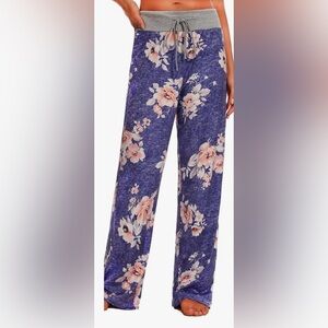 Brand New Blue Floral Print Soft Stretchy Wide Leg Lounge Pallazo Pants